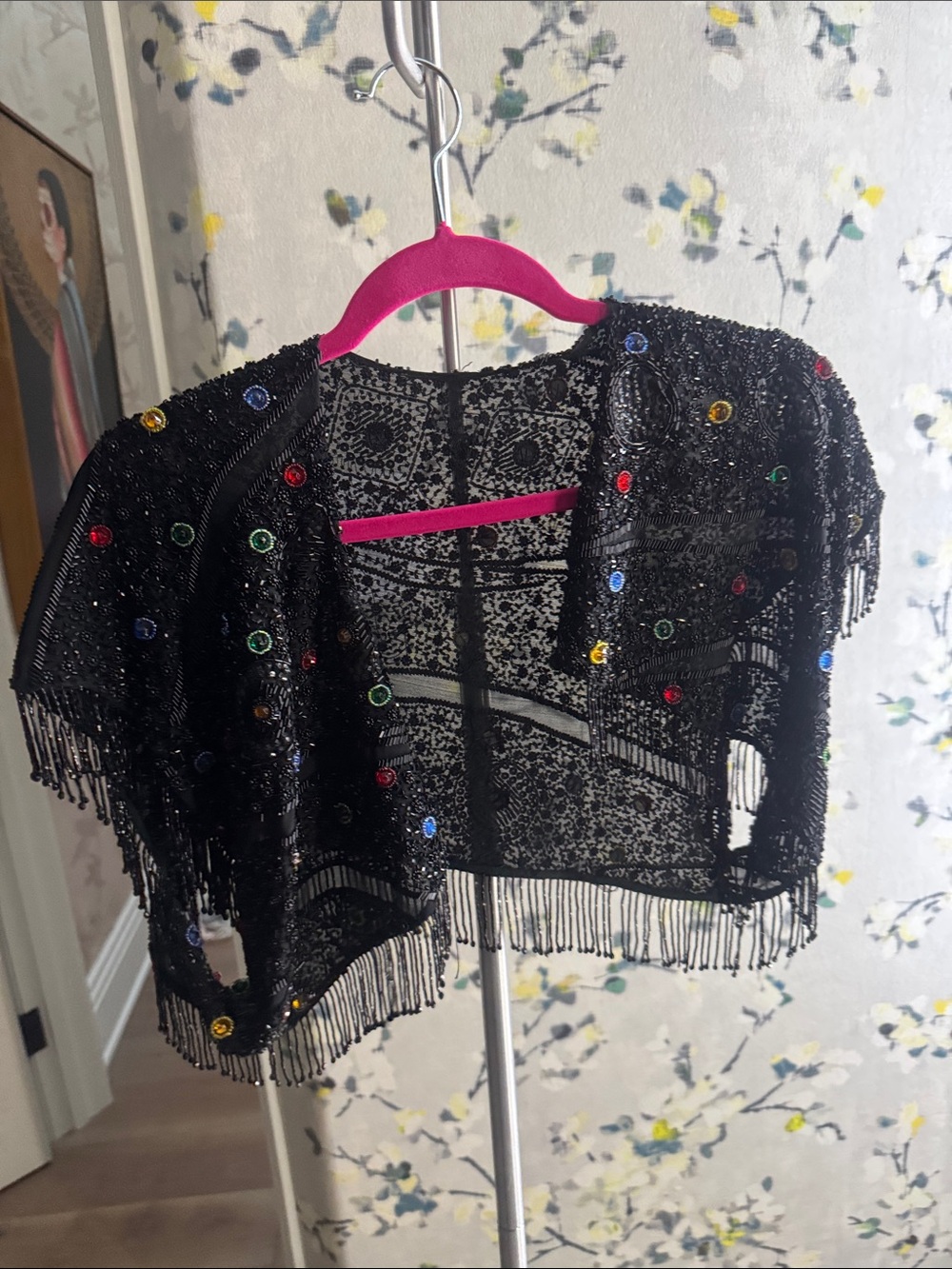 Beaded Black Fringe Bolero Shrug with Multicolor Gems